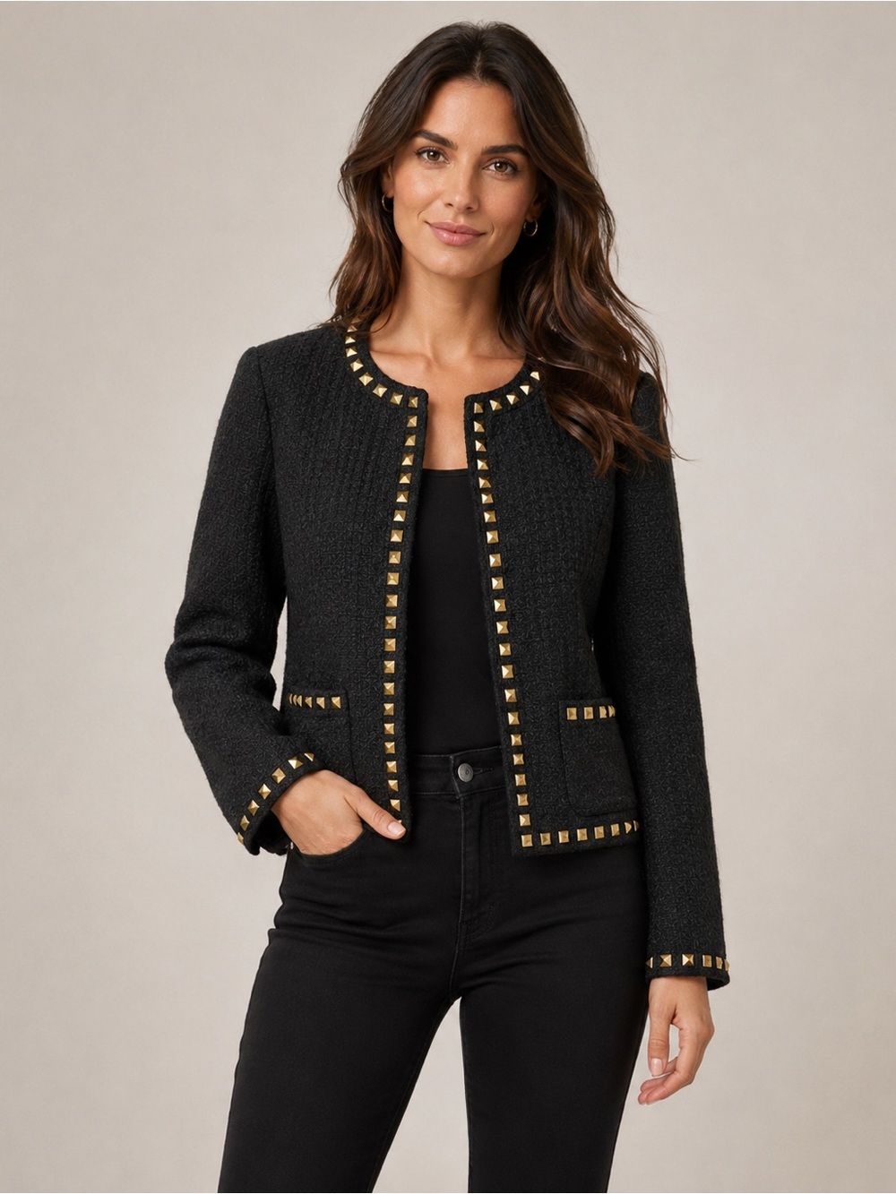Black Textured Collarless Blazer Bronze Studded Trim Moto Goth Jacket M